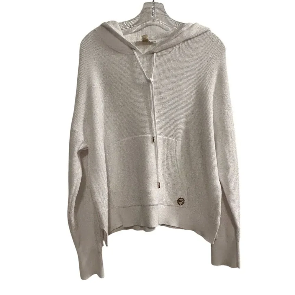 Michael Kors Women's White Ribbed Hoodie Sweater Size M‎ Pullover